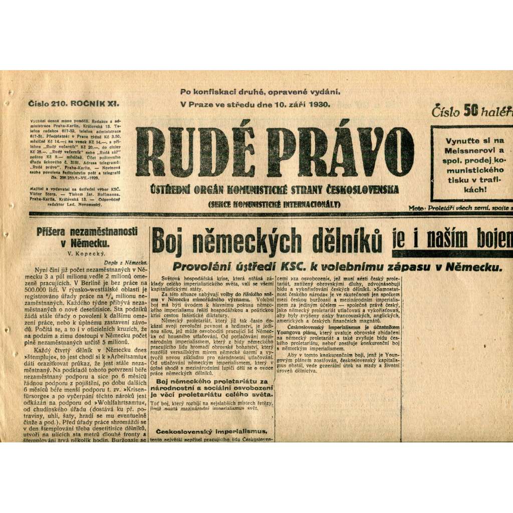 Rudé právo (10.9.1930) - staré noviny, 1. republika Rudé právo (10.9.1930) - staré noviny, 1. republika