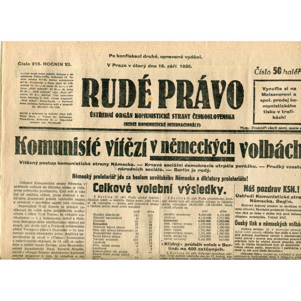 Rudé právo (16.9.1930) - staré noviny, 1. republika Rudé právo (16.9.1930) - staré noviny, 1. republika