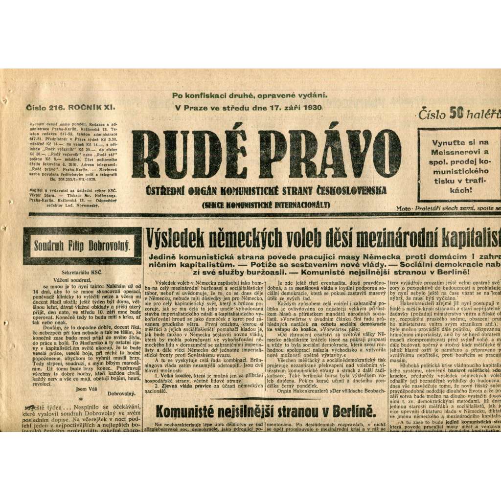 Rudé právo (17.9.1930) - staré noviny, 1. republika