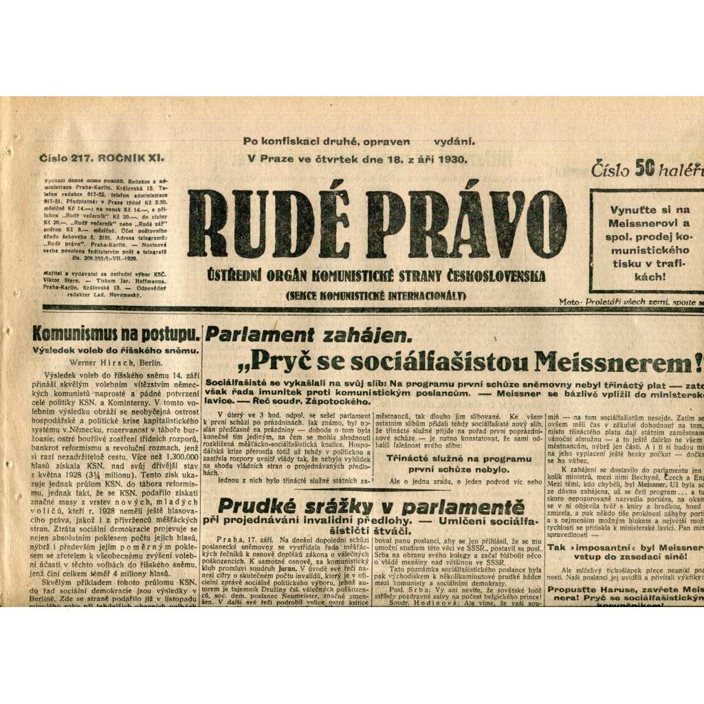 Rudé právo (18.9.1930) - staré noviny, 1. republika