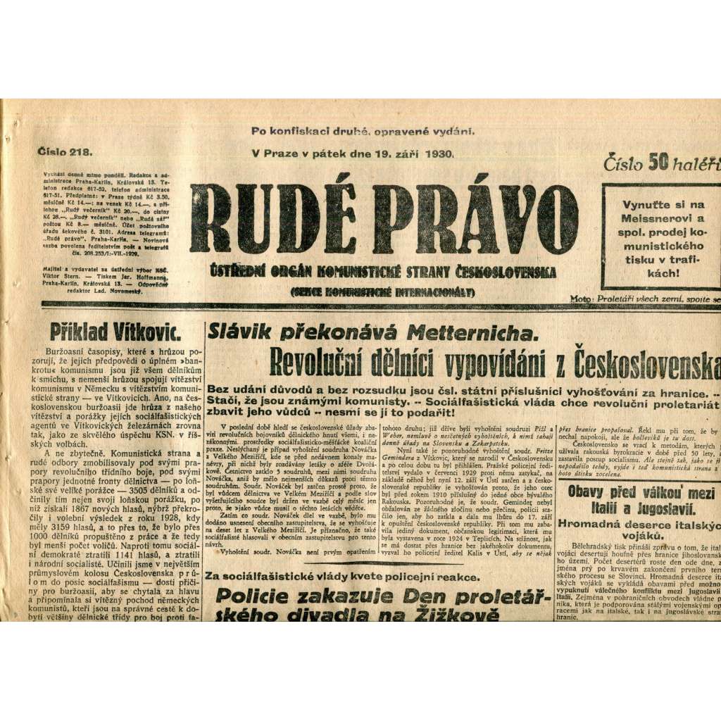 Rudé právo (19.9.1930) - staré noviny, 1. republika