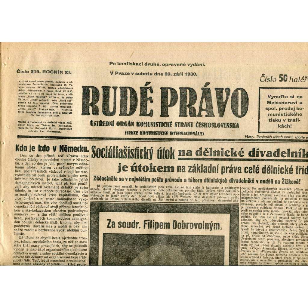 Rudé právo (20.9.1930) - staré noviny, 1. republika