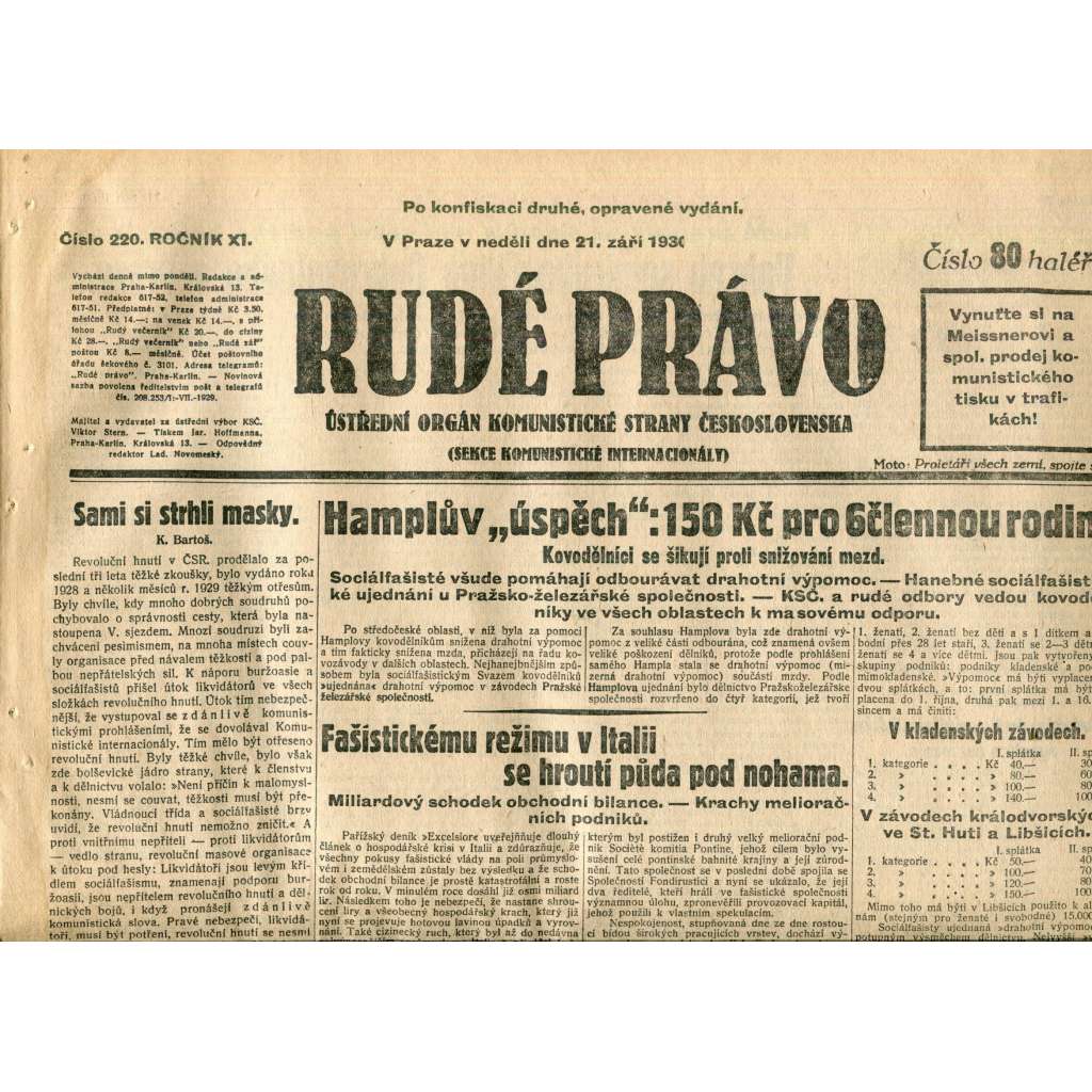 Rudé právo (21.9.1930) - staré noviny, 1. republika