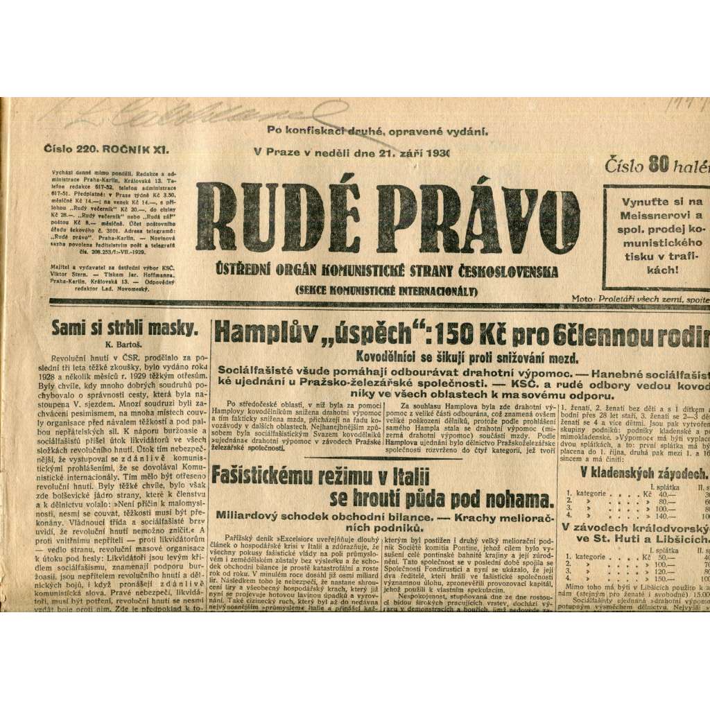 Rudé právo (21.9.1930) - staré noviny, 1. republika