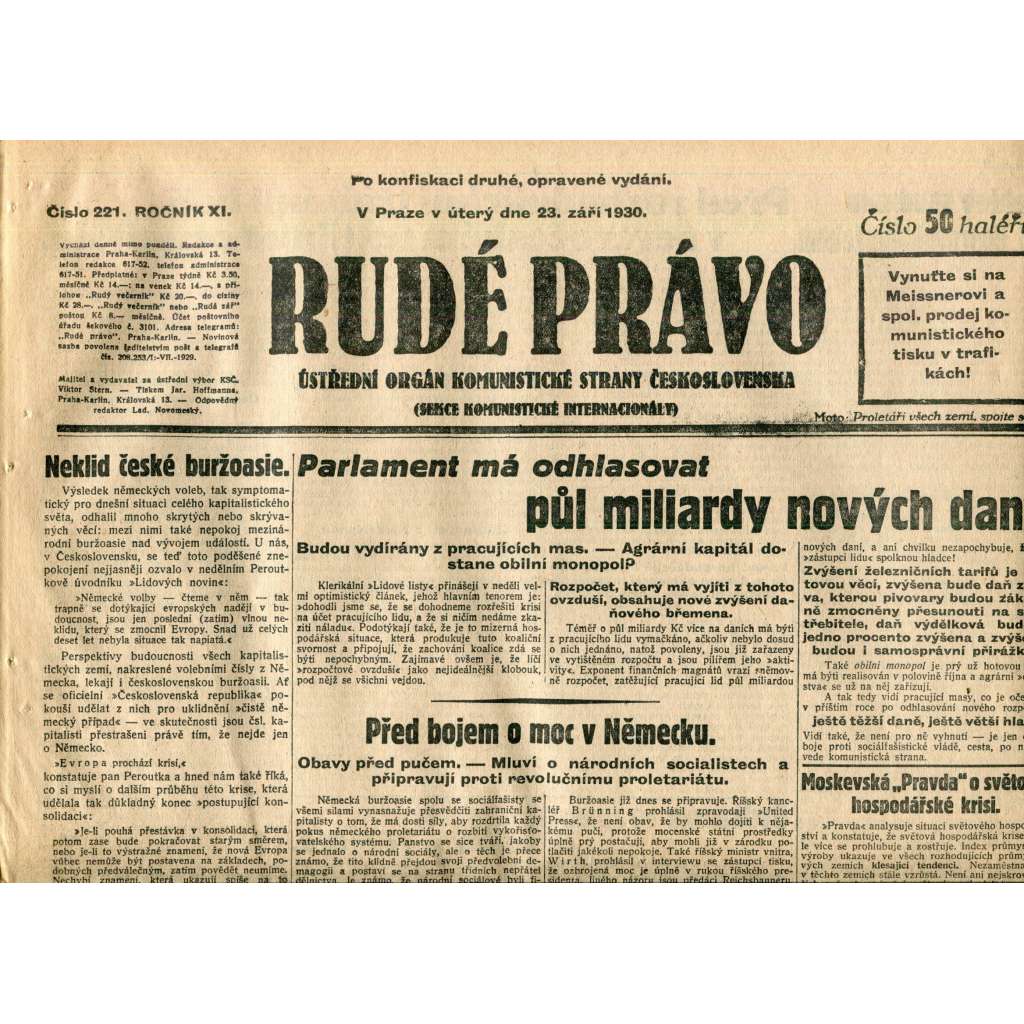 Rudé právo (23.9.1930) - staré noviny, 1. republika