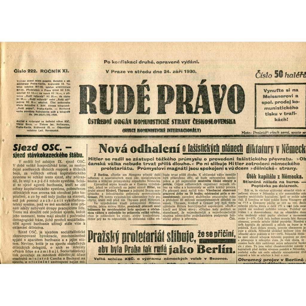 Rudé právo (24.9.1930) - staré noviny, 1. republika