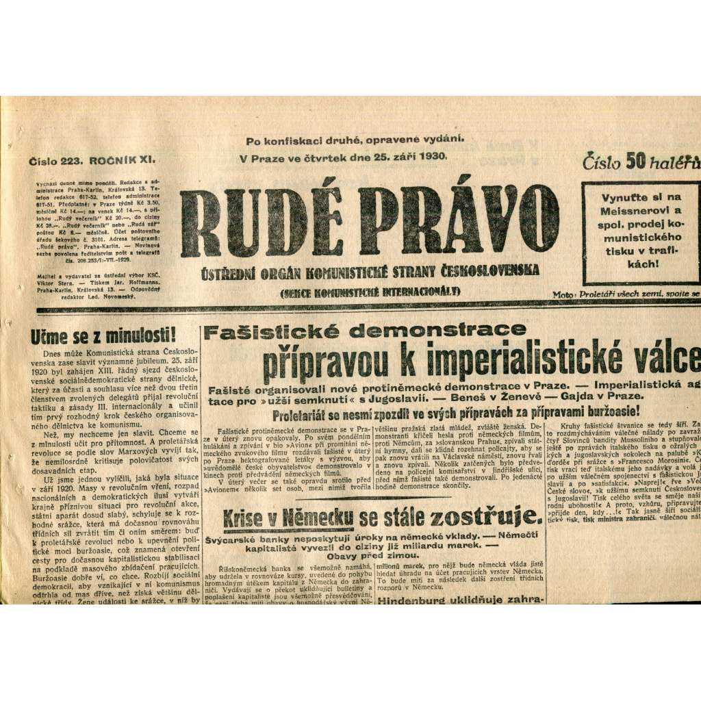 Rudé právo (25.9.1930) - staré noviny, 1. republika