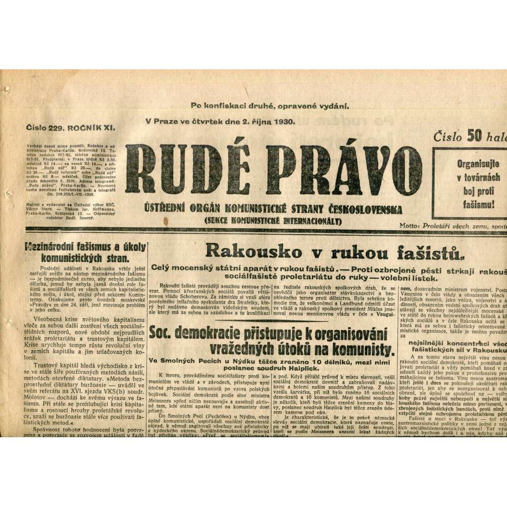 Rudé právo (2.10.1930) - staré noviny, 1. republika Rudé právo (2.10.1930) - staré noviny, 1. republika