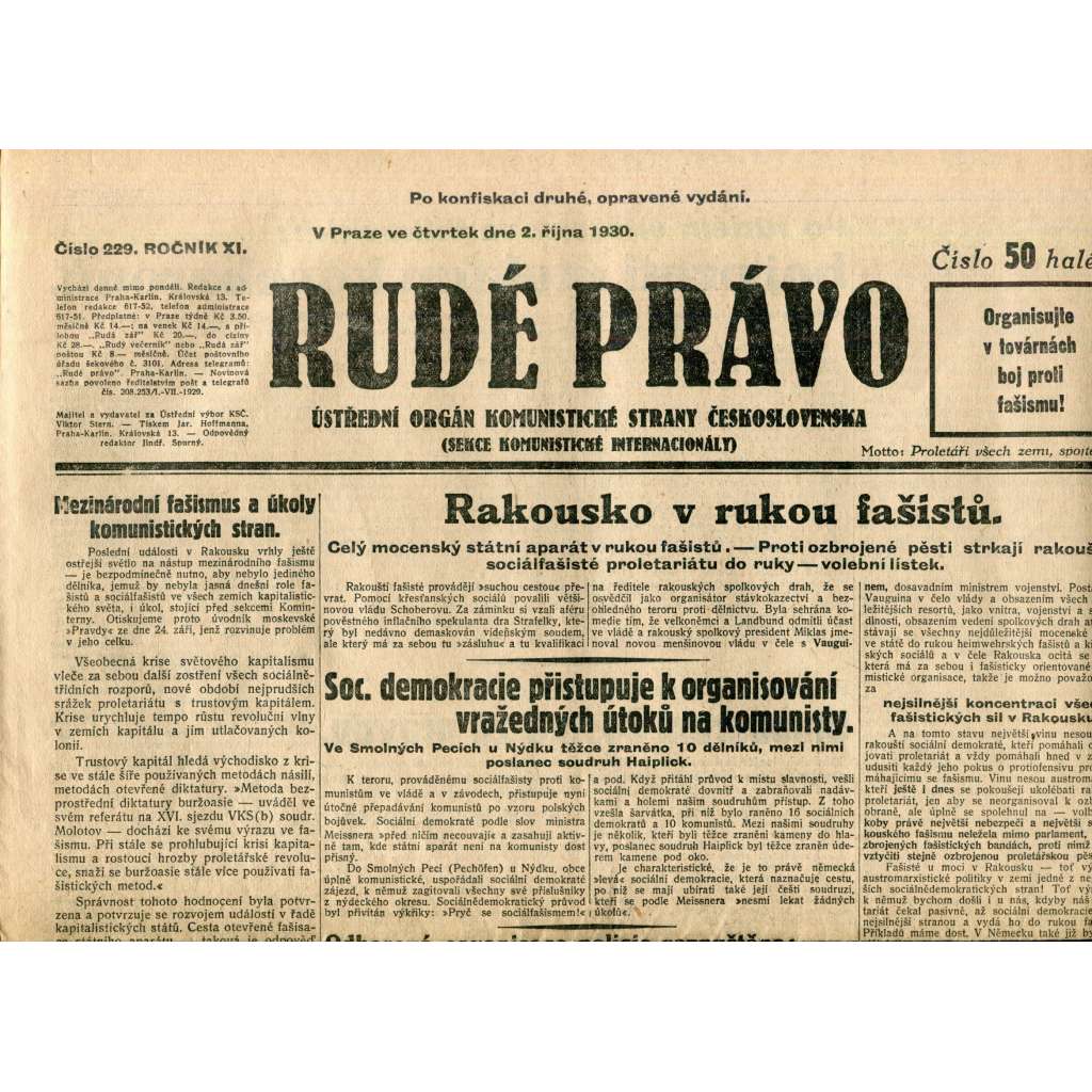 Rudé právo (2.10.1930) - staré noviny, 1. republika Rudé právo (2.10.1930) - staré noviny, 1. republika