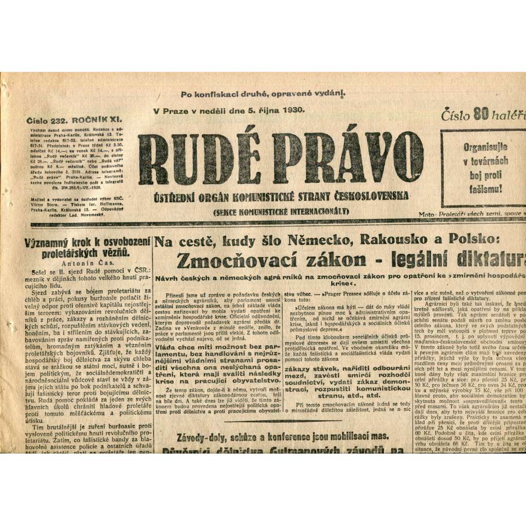 Rudé právo (5.10.1930) - staré noviny, 1. republika Rudé právo (5.10.1930) - staré noviny, 1. republika
