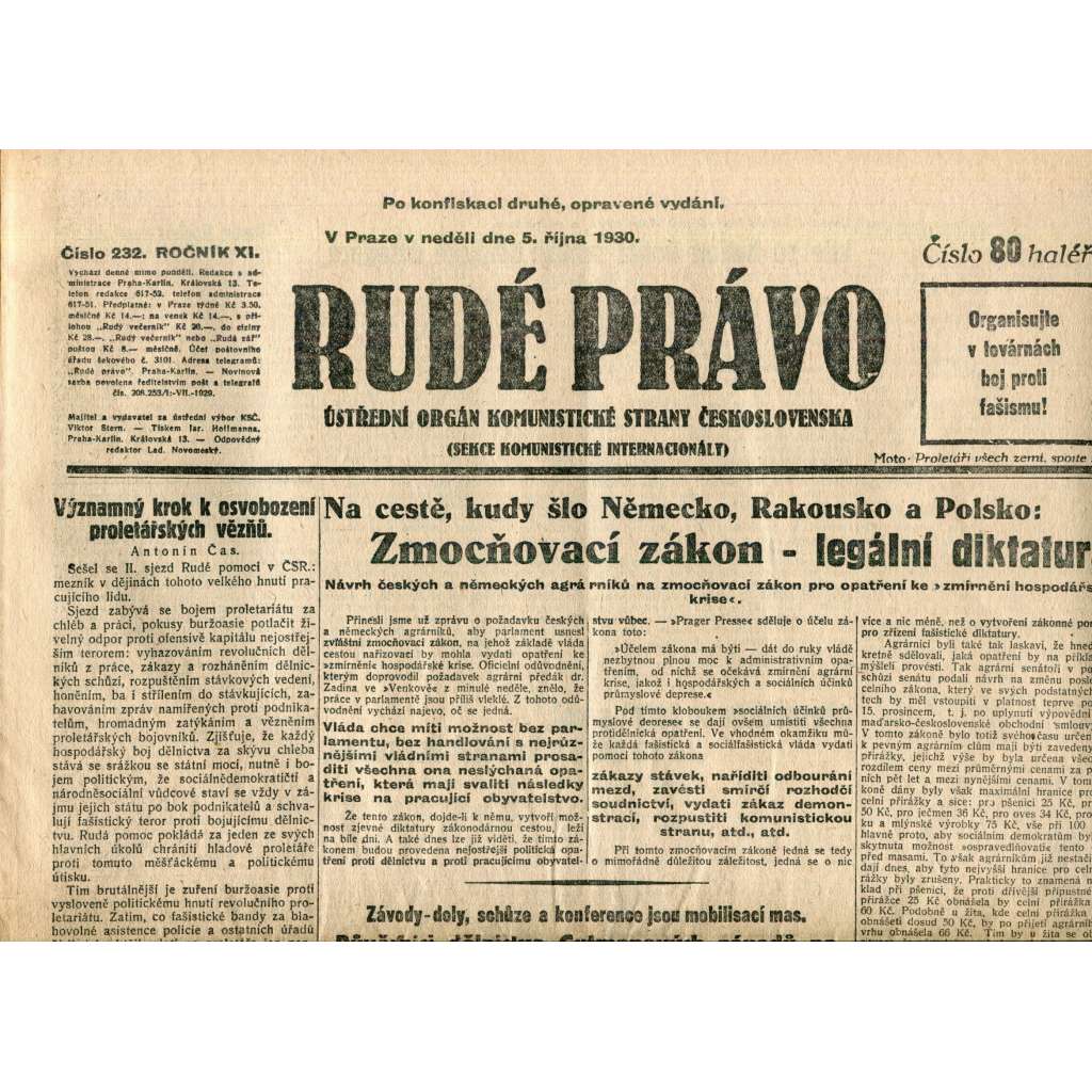 Rudé právo (5.10.1930) - staré noviny, 1. republika Rudé právo (5.10.1930) - staré noviny, 1. republika