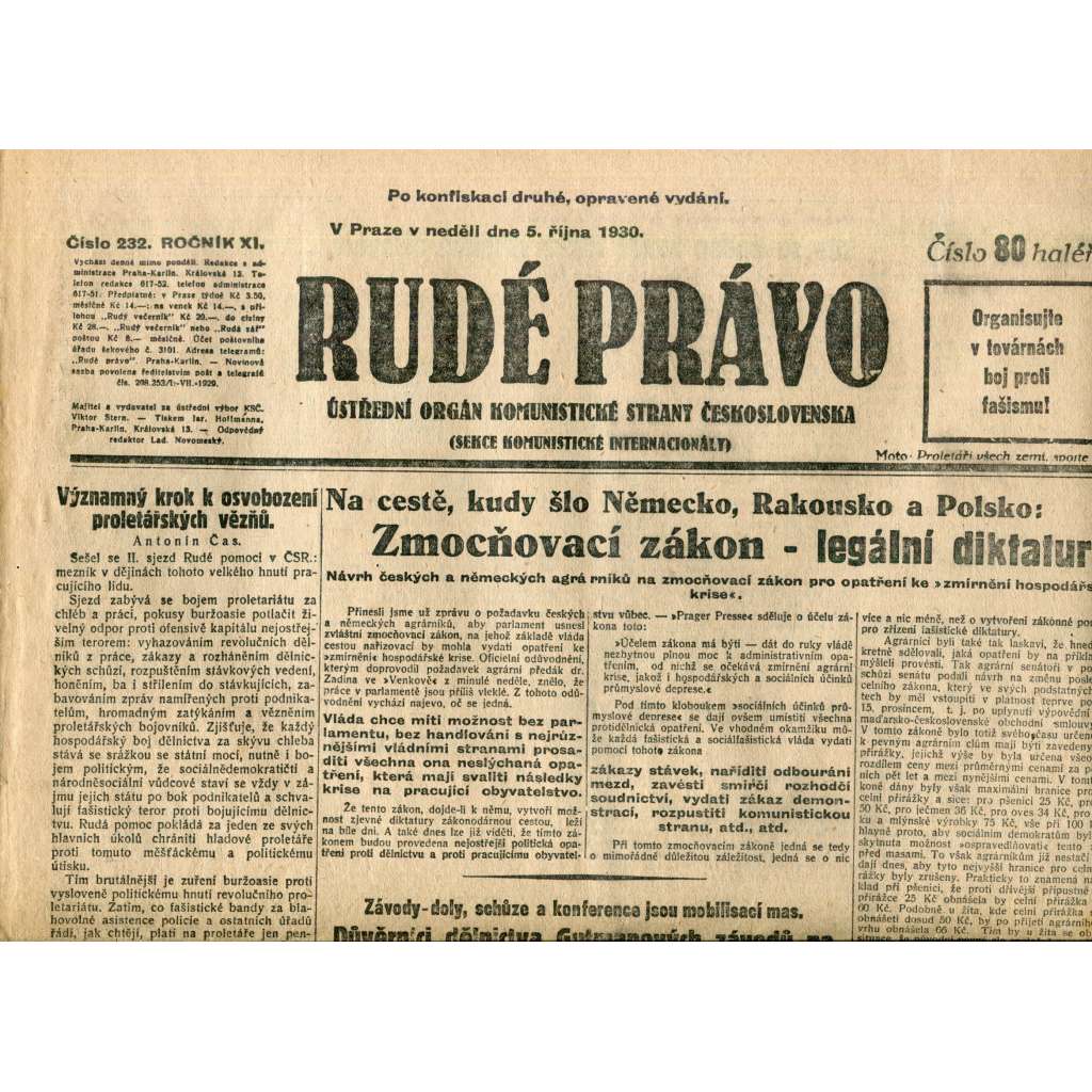 Rudé právo (5.10.1930) - staré noviny, 1. republika Rudé právo (5.10.1930) - staré noviny, 1. republika