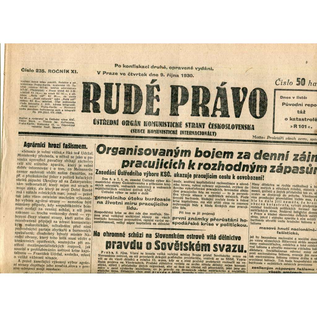 Rudé právo (9.10.1930) - staré noviny, 1. republika Rudé právo (9.10.1930) - staré noviny, 1. republika
