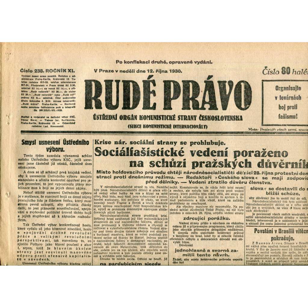 Rudé právo (12.10.1930) - staré noviny, 1. republika