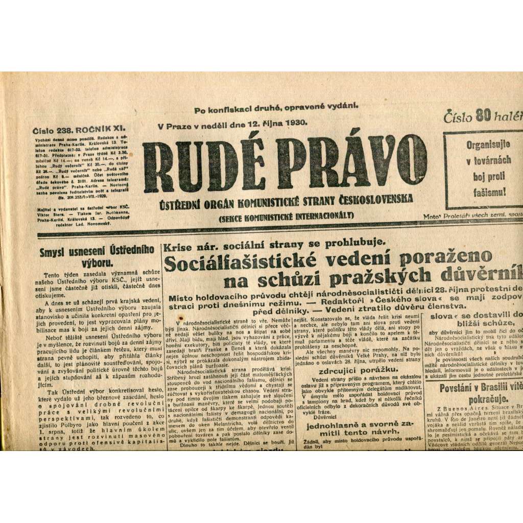 Rudé právo (12.10.1930) - staré noviny, 1. republika