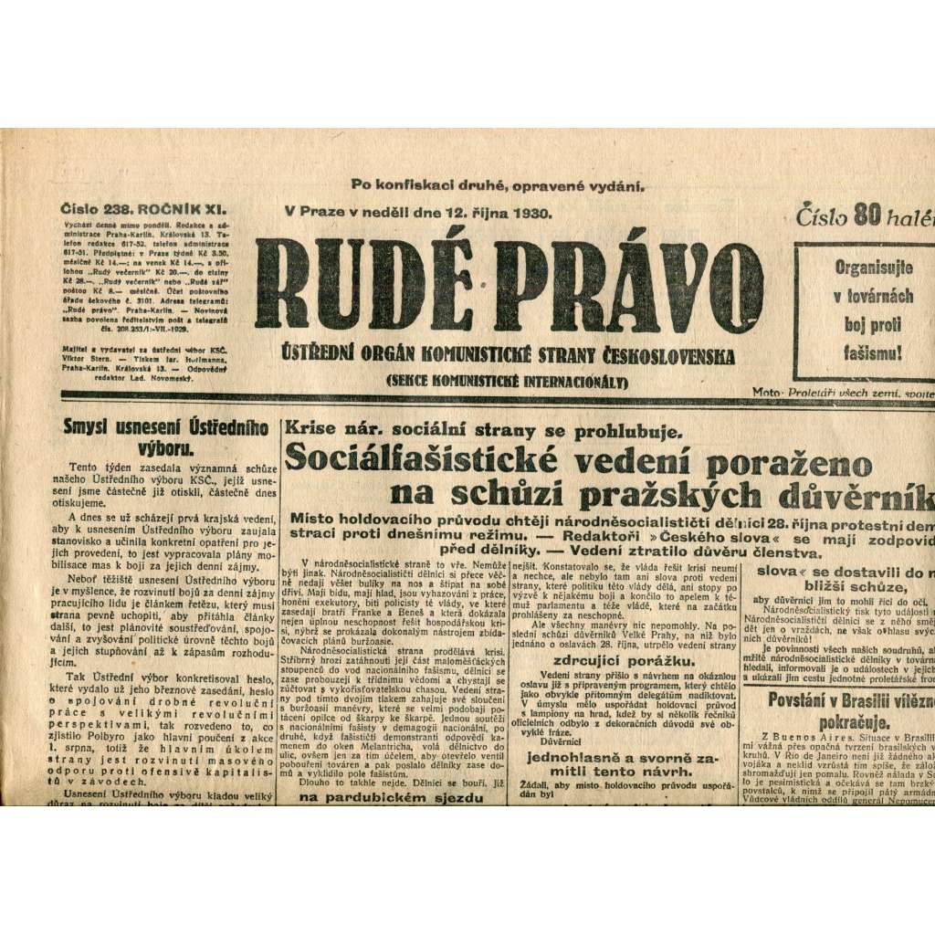 Rudé právo (12.10.1930) - staré noviny, 1. republika