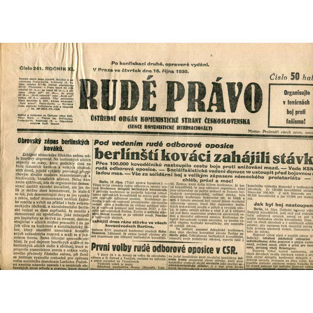 Rudé právo (16.10.1930) - staré noviny, 1. republika