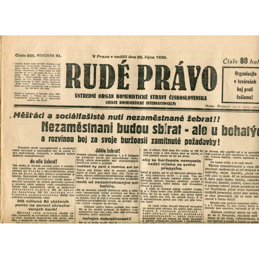 Rudé právo (26.10.1930) - staré noviny, 1. republika Rudé právo (26.10.1930) - staré noviny, 1. republika