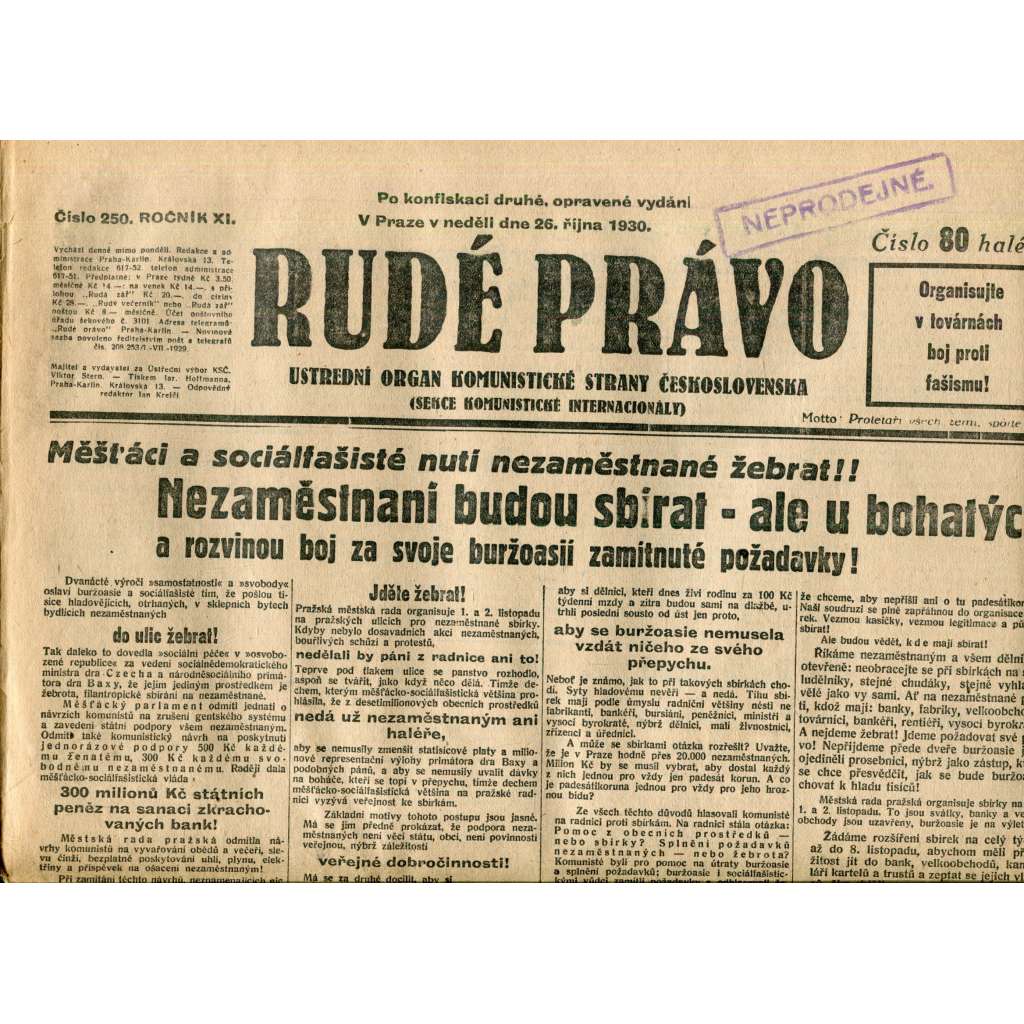 Rudé právo (26.10.1930) - staré noviny, 1. republika Rudé právo (26.10.1930) - staré noviny, 1. republika