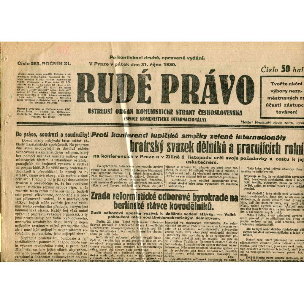Rudé právo (31.10.1930) - staré noviny, 1. republika