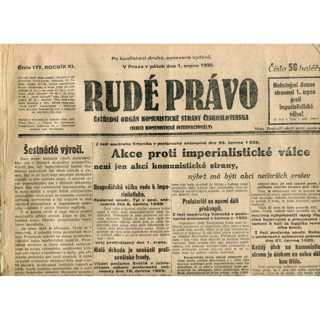 Rudé právo (1.8.1930) - staré noviny, 1. republika Rudé právo (1.8.1930) - staré noviny, 1. republika