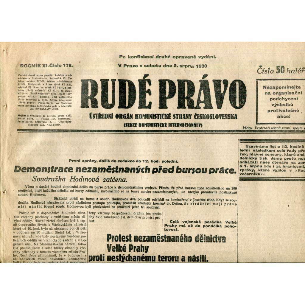 Rudé právo (2.8.1930) - staré noviny, 1. republika Rudé právo (2.8.1930) - staré noviny, 1. republika