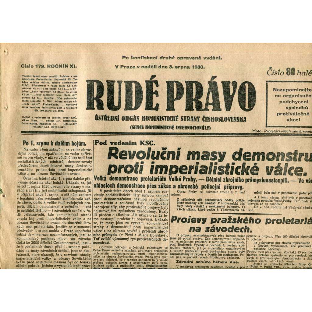 Rudé právo (3.8.1930) - staré noviny, 1. republika Rudé právo (3.8.1930) - staré noviny, 1. republika