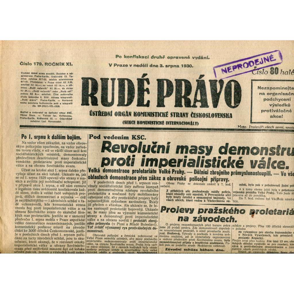 Rudé právo (3.8.1930) - staré noviny, 1. republika Rudé právo (3.8.1930) - staré noviny, 1. republika