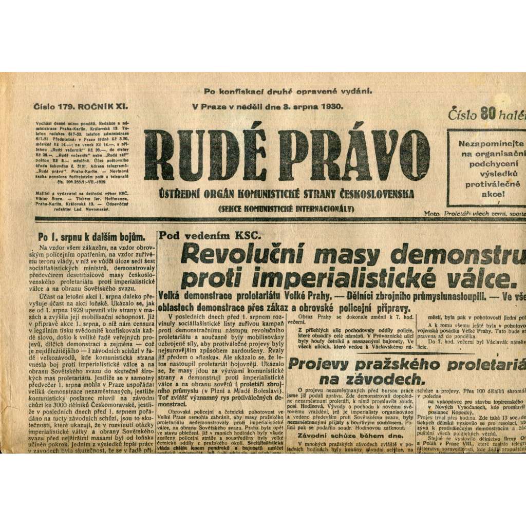 Rudé právo (3.8.1930) - staré noviny, 1. republika Rudé právo (3.8.1930) - staré noviny, 1. republika