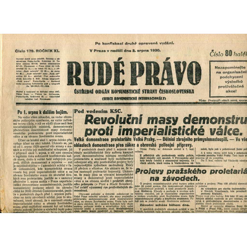 Rudé právo (3.8.1930) - staré noviny, 1. republika Rudé právo (3.8.1930) - staré noviny, 1. republika