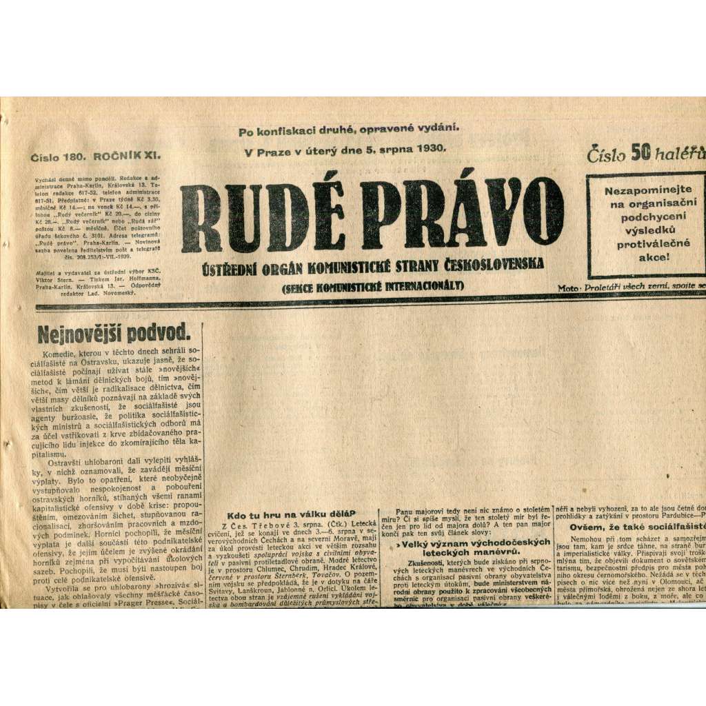 Rudé právo (5.8.1930) - staré noviny, 1. republika Rudé právo (5.8.1930) - staré noviny, 1. republika