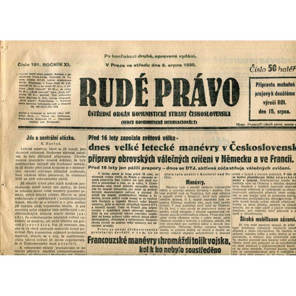 Rudé právo (6.8.1930) - staré noviny, 1. republika Rudé právo (6.8.1930) - staré noviny, 1. republika