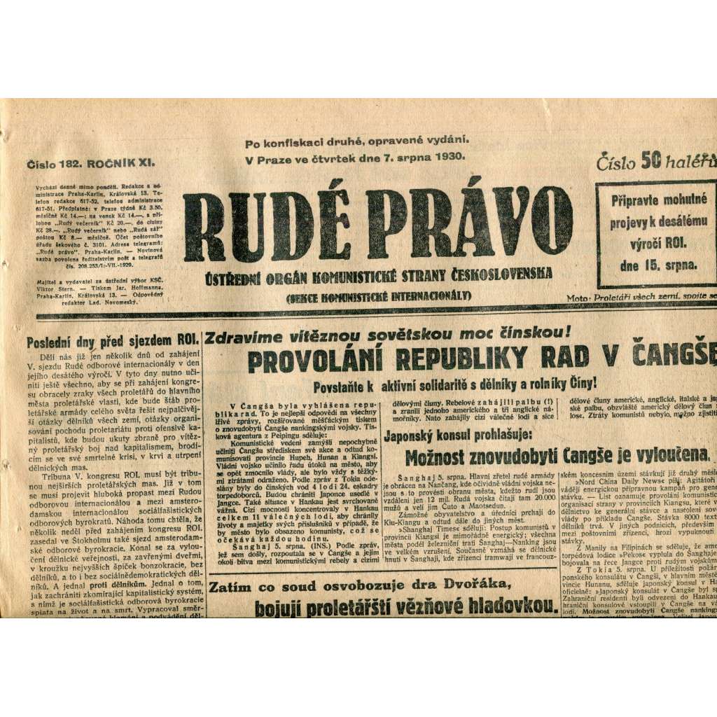 Rudé právo (7.8.1930) - staré noviny, 1. republika Rudé právo (7.8.1930) - staré noviny, 1. republika