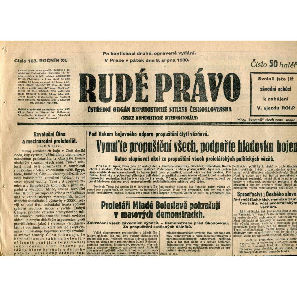 Rudé právo (8.8.1930) - staré noviny, 1. republika Rudé právo (8.8.1930) - staré noviny, 1. republika