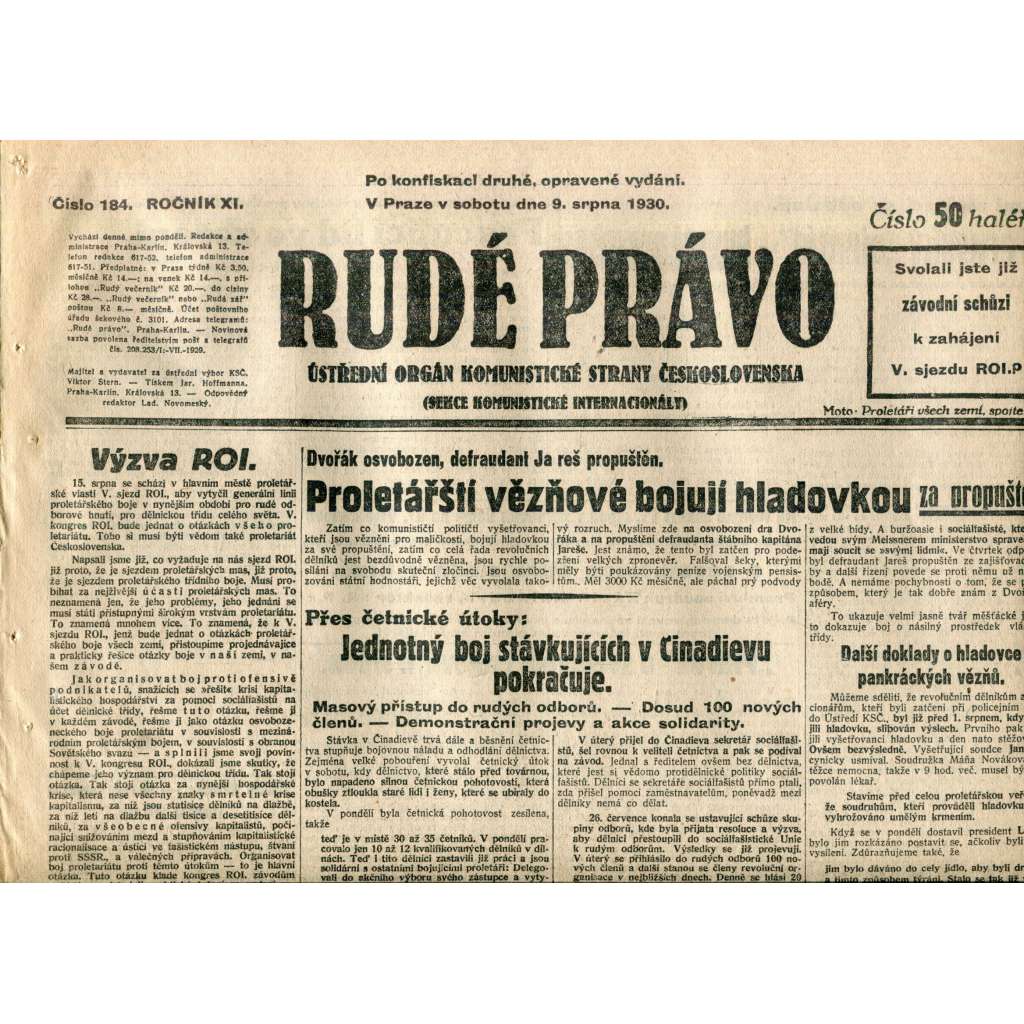 Rudé právo (9.8.1930) - staré noviny, 1. republika Rudé právo (9.8.1930) - staré noviny, 1. republika