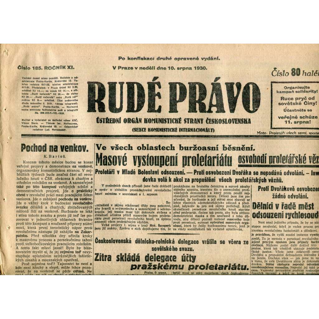 Rudé právo (10.8.1930) - staré noviny, 1. republika Rudé právo (10.8.1930) - staré noviny, 1. republika