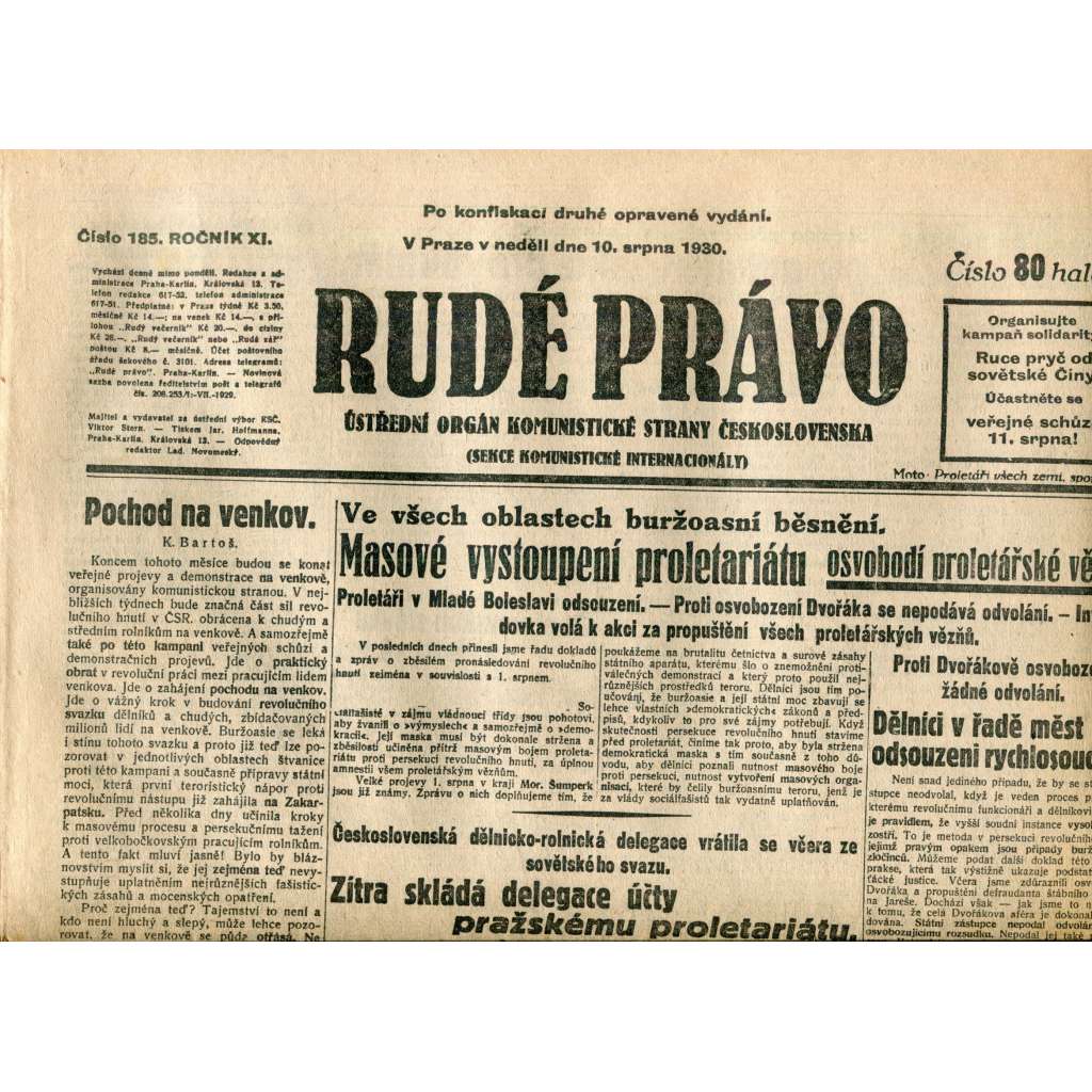 Rudé právo (10.8.1930) - staré noviny, 1. republika Rudé právo (10.8.1930) - staré noviny, 1. republika