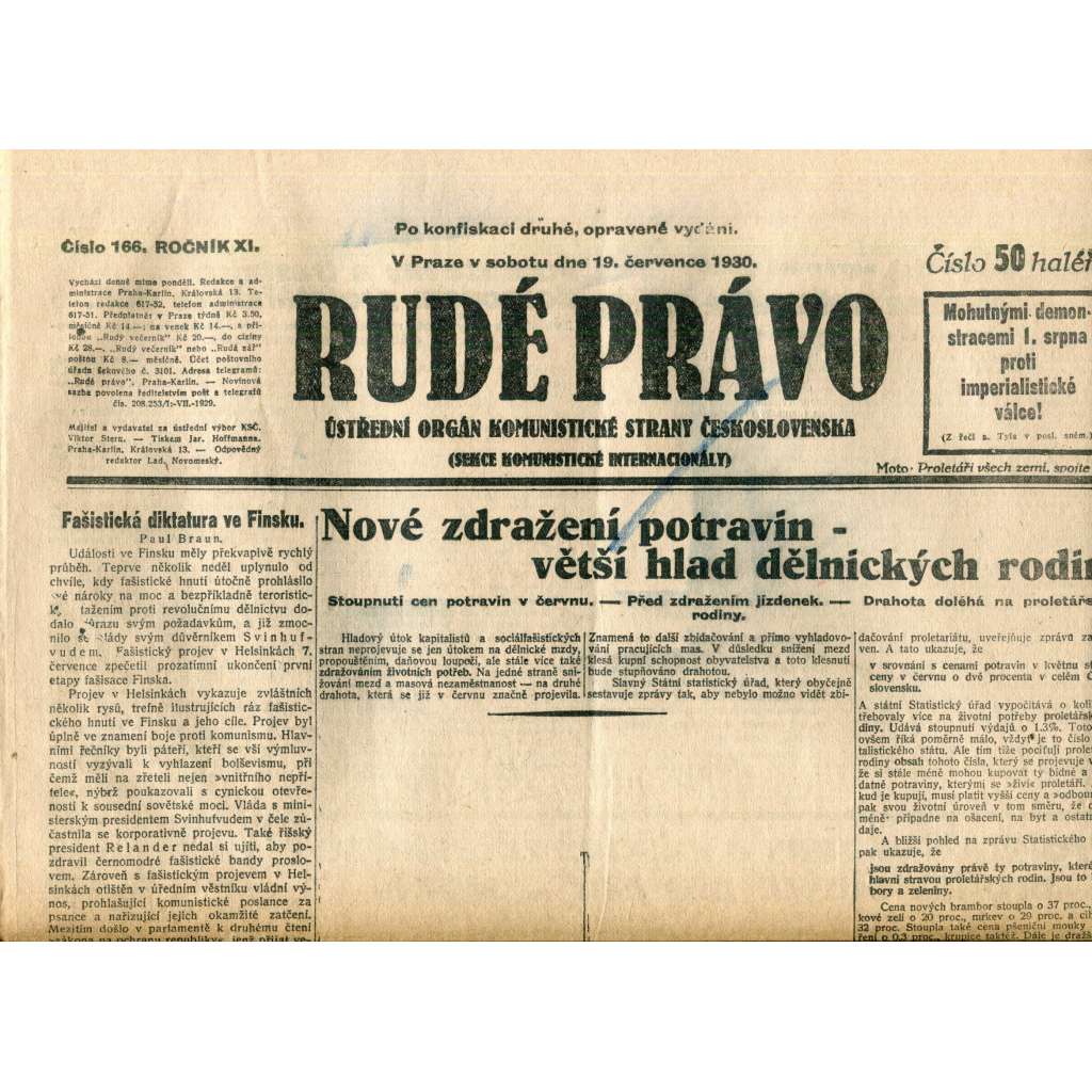 Rudé právo (19.7.1930) - staré noviny, 1. republika Rudé právo (19.7.1930) - staré noviny, 1. republika
