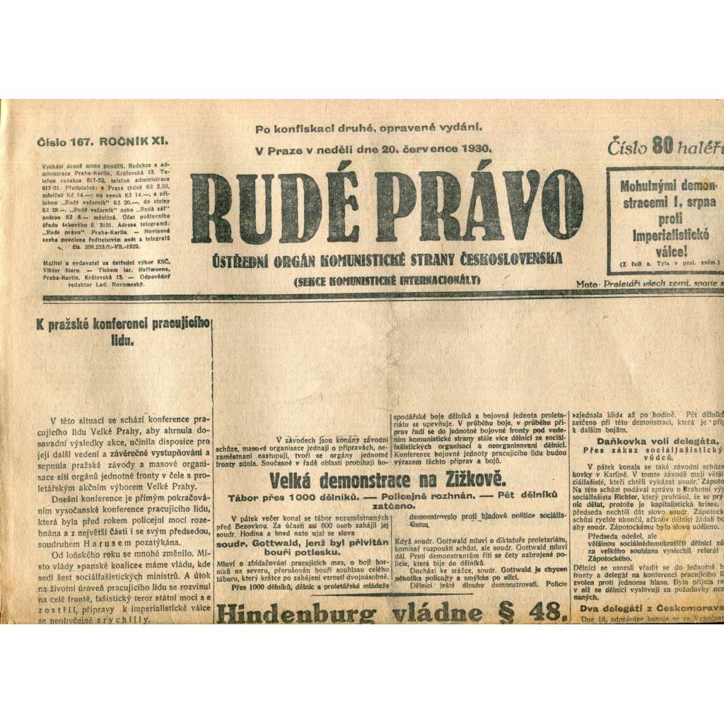 Rudé právo (20.7.1930) - staré noviny, 1. republika Rudé právo (20.7.1930) - staré noviny, 1. republika