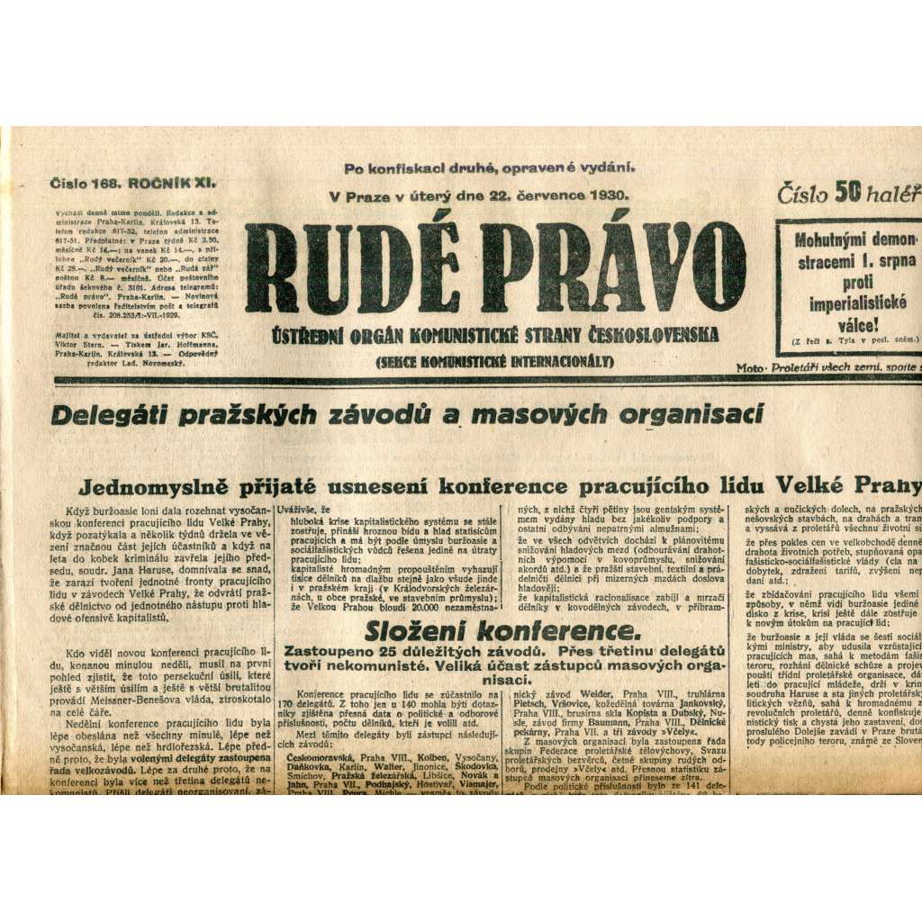 Rudé právo (22.7.1930) - staré noviny, 1. republika Rudé právo (22.7.1930) - staré noviny, 1. republika