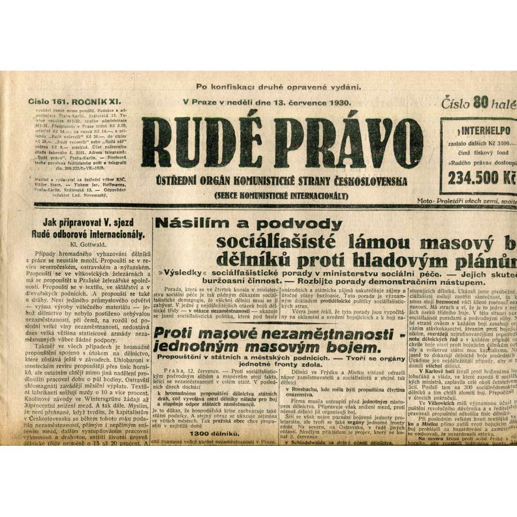 Rudé právo (13.7.1930) - staré noviny, 1. republika Rudé právo (13.7.1930) - staré noviny, 1. republika