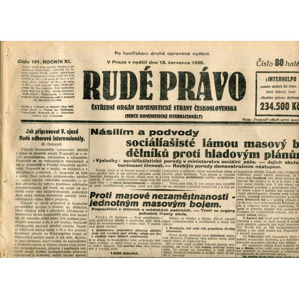 Rudé právo (13.7.1930) - staré noviny, 1. republika Rudé právo (13.7.1930) - staré noviny, 1. republika