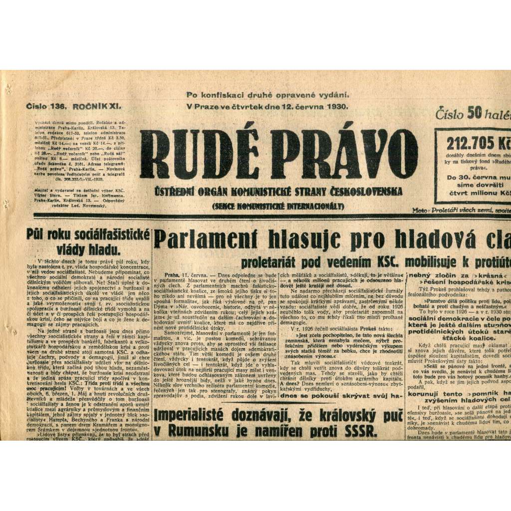 Rudé právo (12.6.1930) - staré noviny, 1. republika Rudé právo (12.6.1930) - staré noviny, 1. republika