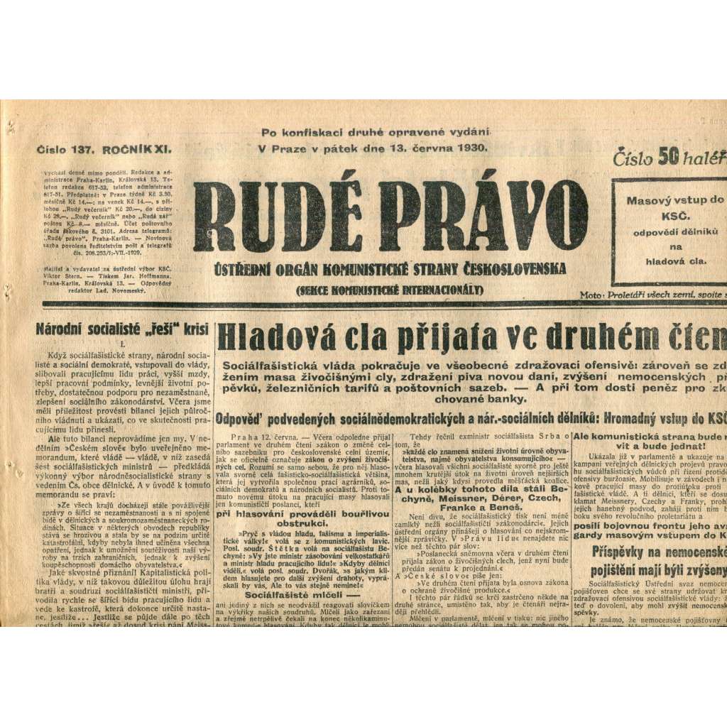 Rudé právo (13.6.1930) - staré noviny, 1. republika Rudé právo (13.6.1930) - staré noviny, 1. republika