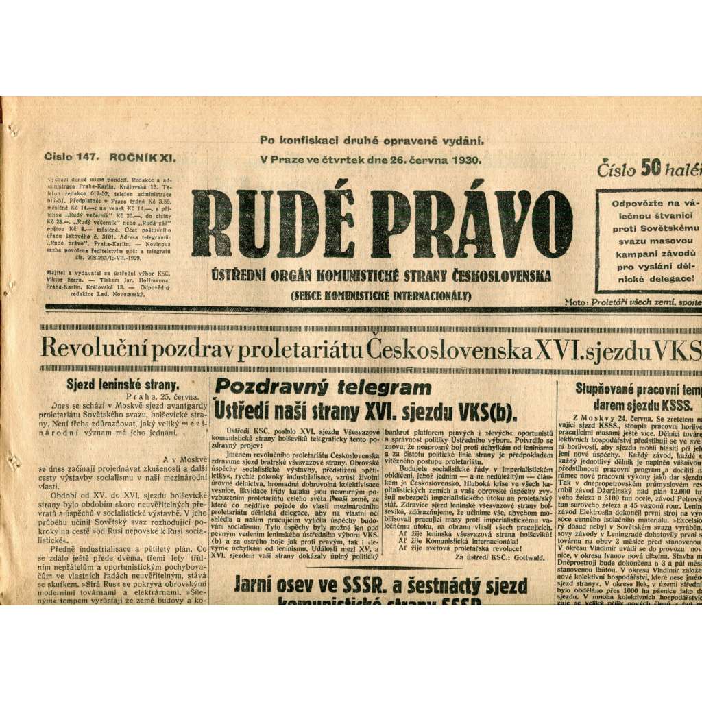 Rudé právo (26.6.1930) - staré noviny, 1. republika Rudé právo (26.6.1930) - staré noviny, 1. republika