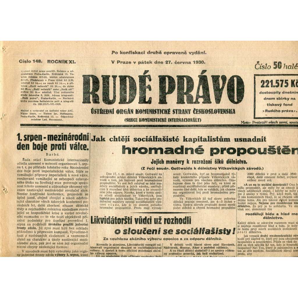 Rudé právo (27.6.1930) - staré noviny, 1. republika Rudé právo (27.6.1930) - staré noviny, 1. republika