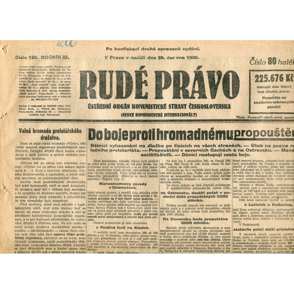 Rudé právo (29.6.1930) - staré noviny, 1. republika Rudé právo (29.6.1930) - staré noviny, 1. republika