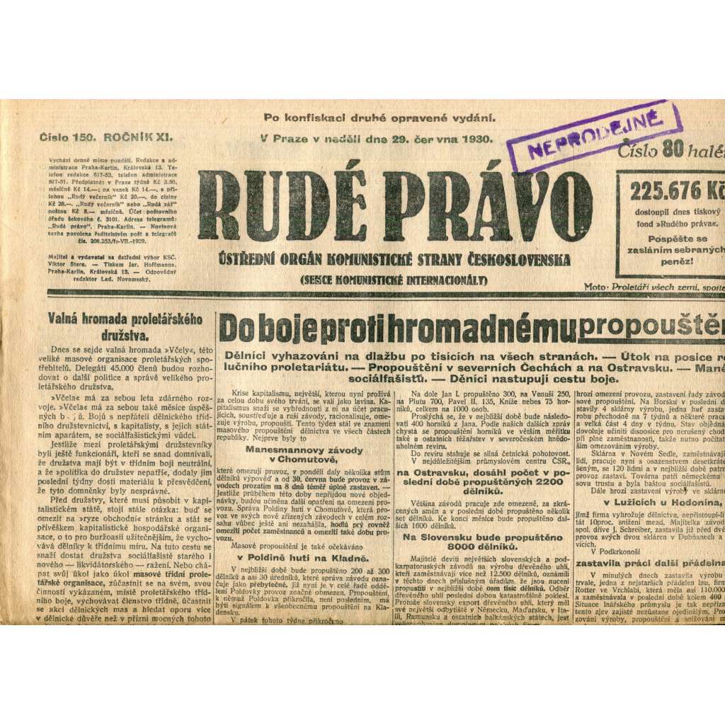 Rudé právo (29.6.1930) - staré noviny, 1. republika Rudé právo (29.6.1930) - staré noviny, 1. republika