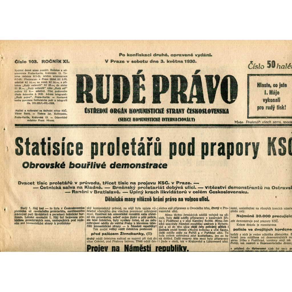 Rudé právo (3.5.1930) - staré noviny, 1. republika Rudé právo (3.5.1930) - staré noviny, 1. republika