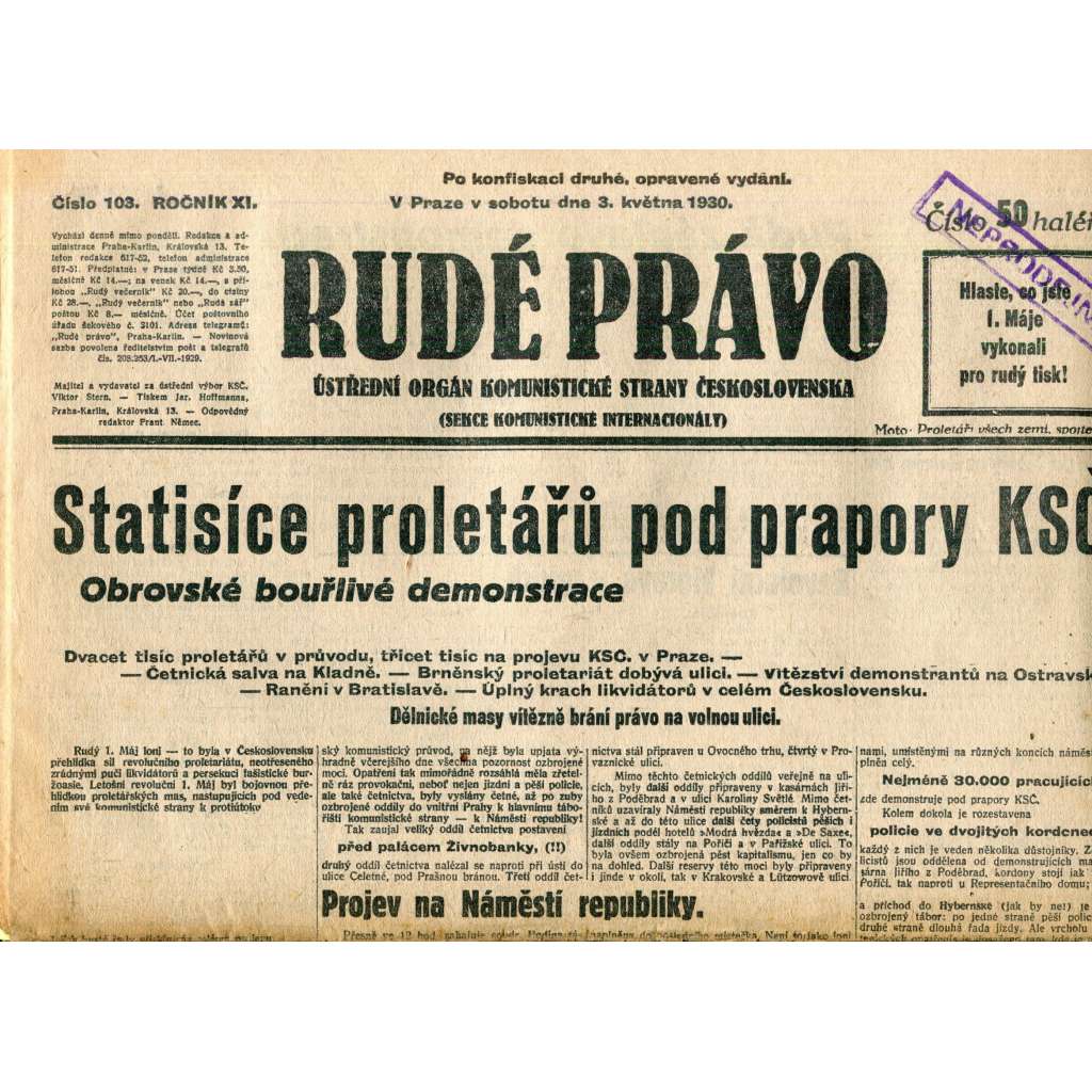 Rudé právo (3.5.1930) - staré noviny, 1. republika Rudé právo (3.5.1930) - staré noviny, 1. republika